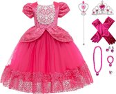 Prinsessenjurk meisje - Roze - Verkleedjurk - maat 122/128(130) + Kroon - Toverstaf - Juwelen - Handschoenen - Verjaardag - Kleed - Cadeau - Fuchsia - Speelgoed