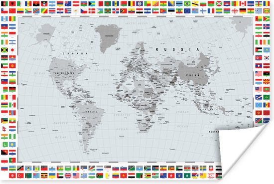 Carte du monde sur affiche avec une bordure de drapeaux internationaux sur tous les côtés.