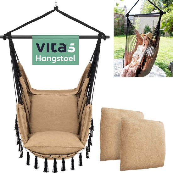 Vita5 XXL Hangstoel | Binnen&Buiten Hangnest | Incl. 2 Kussens en Boekenvak | Volwassenen&Kinderen | Hangmatstoel tot 200kg | Bruin met Ophangsysteem