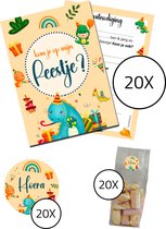 Invitation fête enfant Complete - Set discount 60 pièces : 20 cartons d'invitation + 20 pochettes + 20 stickers - anniversaire - Dino Jaune