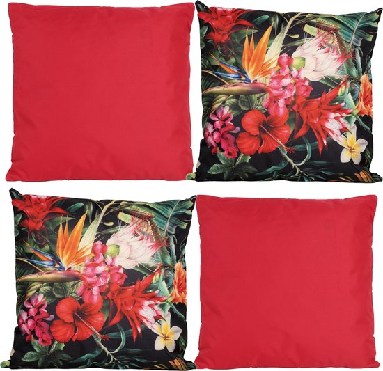 Anna Collection Bank/tuin kussens set - binnen/buiten - 4x stuks - rood/print - In 2 kleuren combi mix