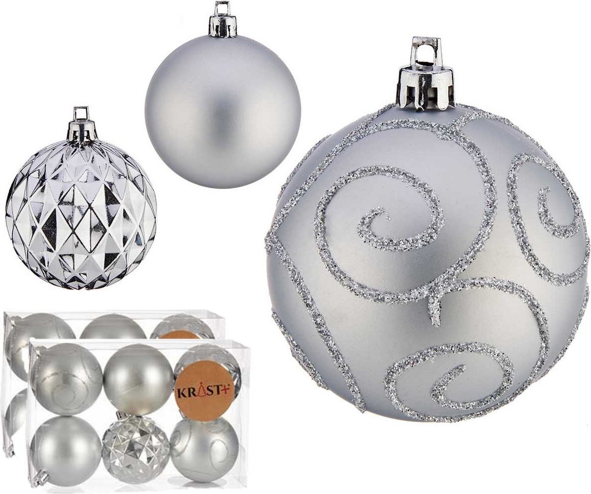 Krist+ gedecoreerde kerstballen - 18x stuks - zilver - kunststof - 6 cm