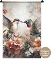 Wandkleed - Wanddoek - Kolibrie - Vogels - Bloemen - Natuur - 60x90 cm - Wandtapijt