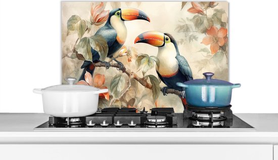 Spatscherm keuken 60x40 cm - Kookplaat achterwand Toekan - Vogels - Bloemen - Tak - Muurbeschermer - Spatwand fornuis - Hoogwaardig aluminium