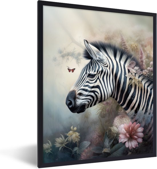 Fotolijst incl. Poster - Zebra - Wilde dieren - Vlinder - Bloemen - 30x40 cm - Posterlijst