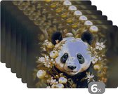 Placemat - Placemats kunststof - Panda - Pandabeer - Wilde dieren - Natuur - Bloemen - 45x30 cm - 6 stuks - Hittebestendig - Anti-Slip - Onderlegger - Afneembaar