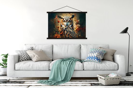 Porte-affiche avec affiche - Affiche scolaire - Hibou - Vogel - Fleurs - Plantes - Botanique - 150x100 cm - Lattes noires