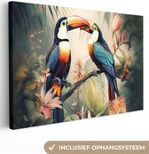 Canvas Schilderij Toekan - Vogels - Bloemen - Natuur - Jungle - 120x80 cm - Wanddecoratie