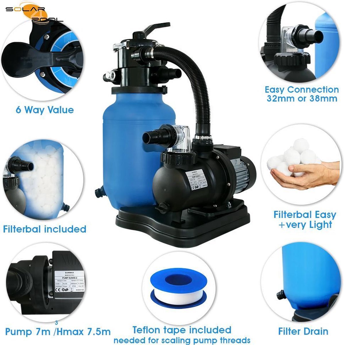 Sunmax Filter systeem zandfilterpomp 7500 l/uur zwembad pomp met filter mandje + 4 zakken Filterbollen (extra filtratie) en VIDEOHandleiding | Zwembadpomp elk zwembad | Ook uw zwembad | 32mm of 38mm aansluiting – foto 2