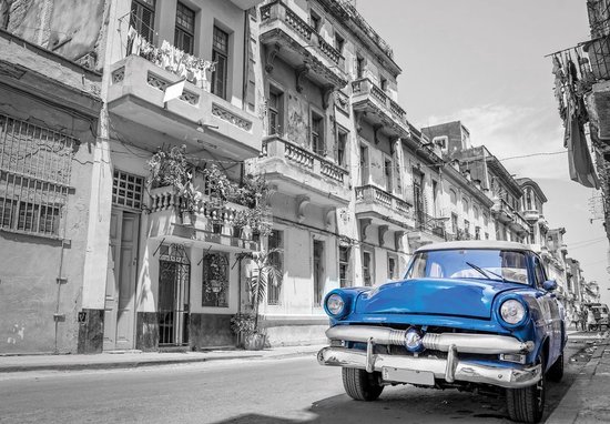 Papier peint photo intissé - Voiture bleue rétro à Cuba - 416 x 290 cm