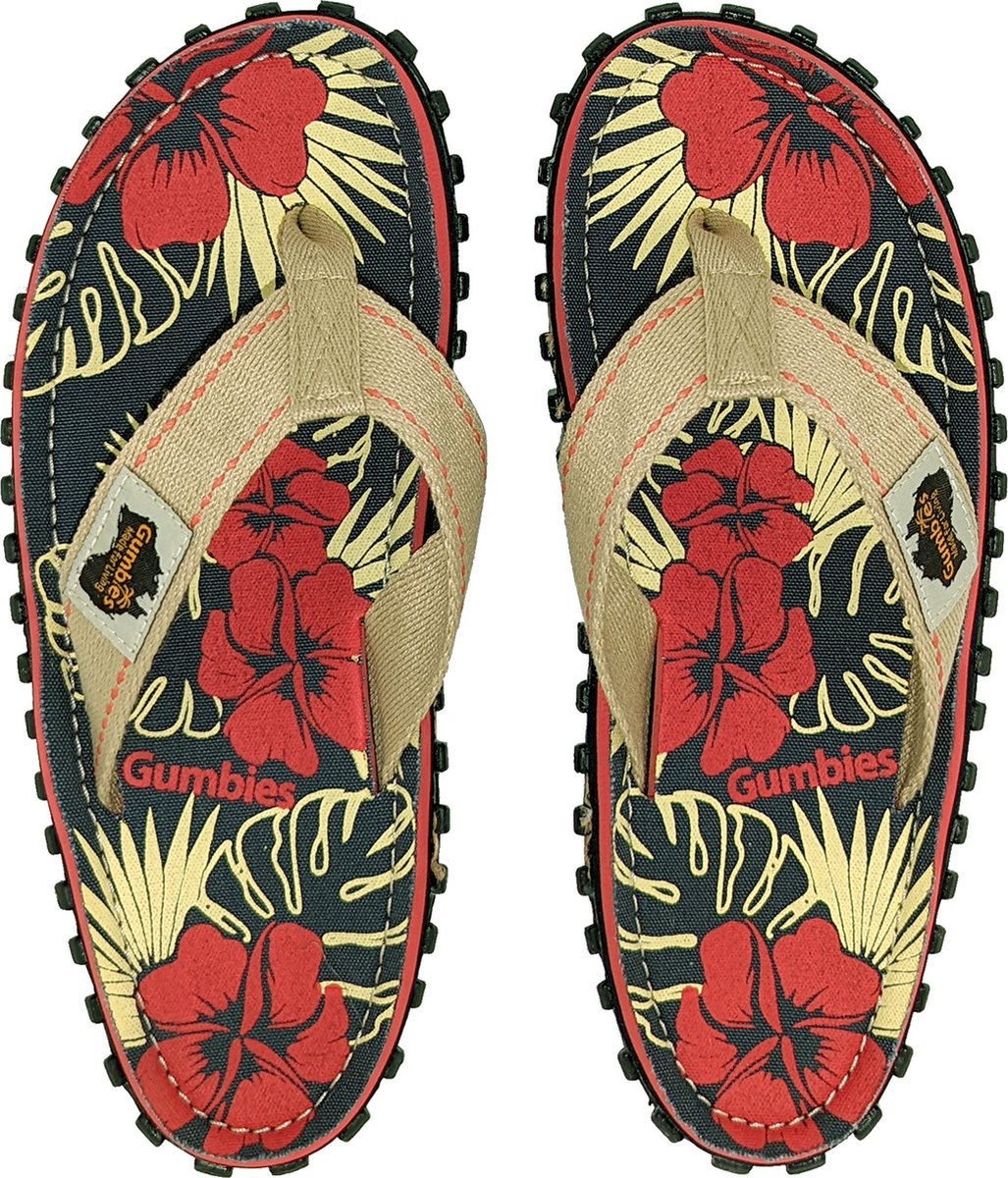 Gumbies Teenslippers | Unisex | Denim Hibiscus | Rood / Zwart / Beige | Maat 44
