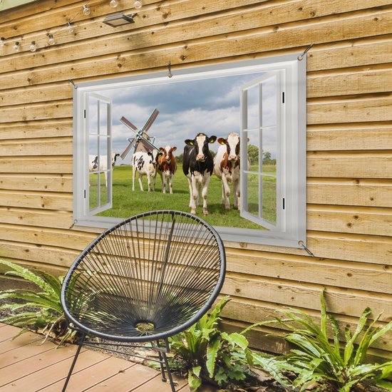 Tuin poster - Tuin decoratie - Koe - Doorkijk - Molen - Natuur - Tuinversiering - Terras - Tuindecoratie wanddecoratie - Muurdecoratie buiten - 120x80 cm - Buitenschilderijen voor in de tuin - Decoratie tuin om op te hangen