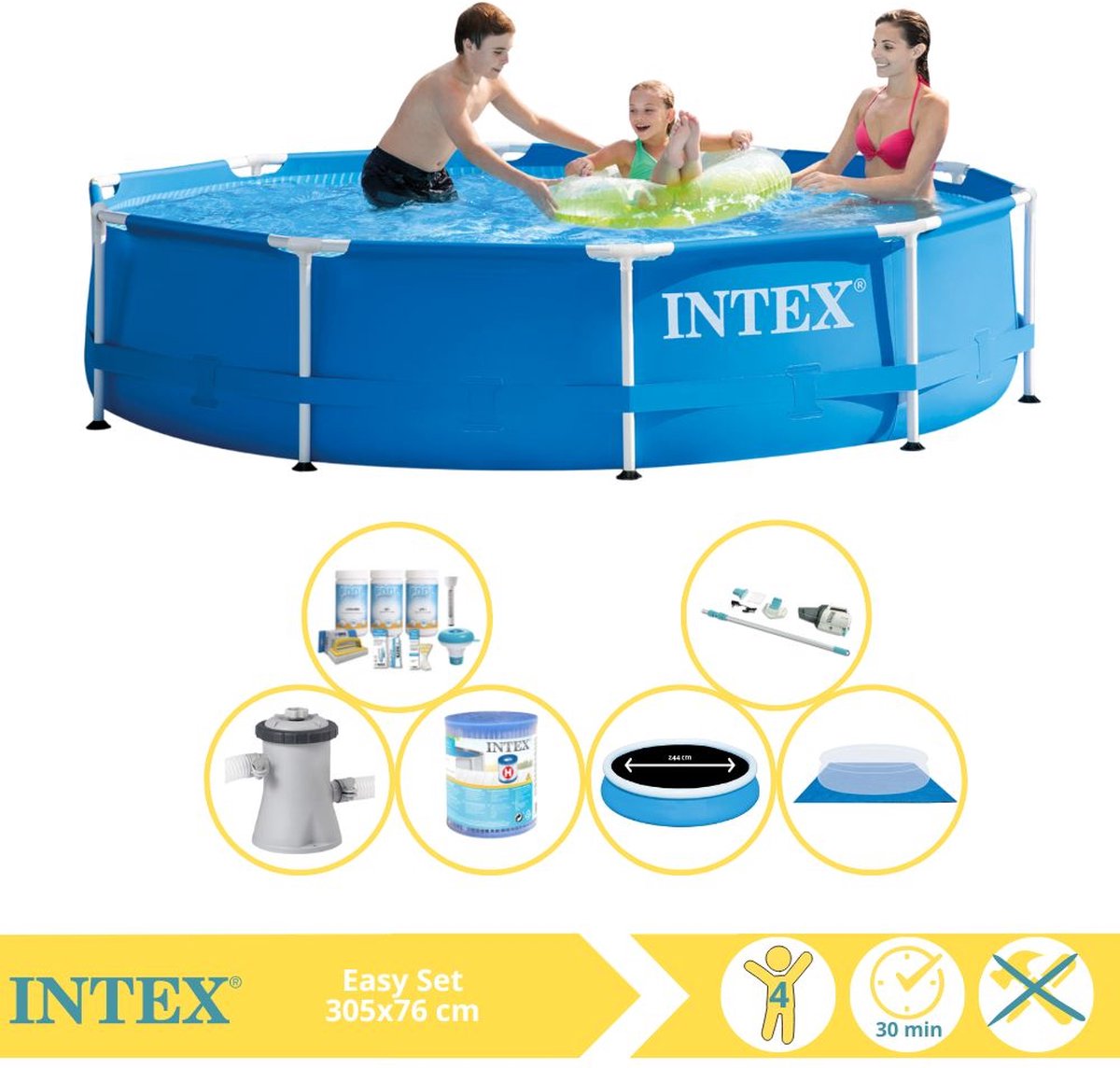Intex Metal Frame Zwembad - Opzetzwembad - 305x76 cm - Inclusief Solarzeil Pro, Onderhoudspakket, Zwembadpomp, Filter, Grondzeil en Stofzuiger