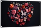 Tuinposter – Hart van Verschillende Bloemen en Vlinders tegen Zwarte Achtergrond - 120x80 cm Foto op Tuinposter (wanddecoratie voor buiten en binnen)