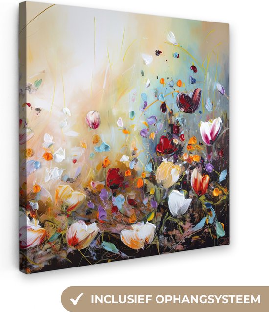 Canvas Schilderij Olieverf - Bloemen - Kleurrijk - Natuur - 90x90 cm - Wanddecoratie