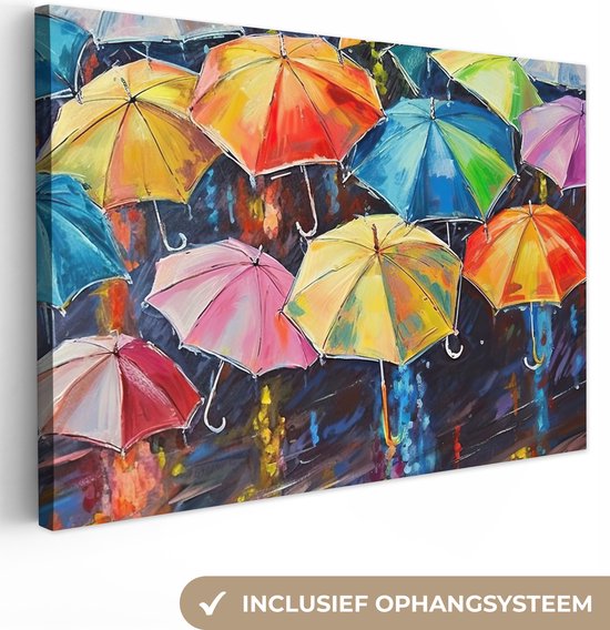 Canvas Schilderij Paraplu's - Schilderij - Kunst - Regenboog - 90x60 cm - Wanddecoratie