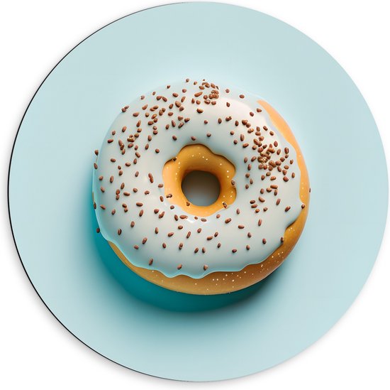 Dibond Muurcirkel - Donut met Lichtblauw Glazuur tegen Lichtblauwe Achtergrond - 60x60 cm Foto op Aluminium Muurcirkel (met ophangsysteem)