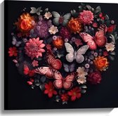 Canvas - Hart van Verschillende Bloemen en Vlinders tegen Zwarte Achtergrond - 60x60 cm Foto op Canvas Schilderij (Wanddecoratie op Canvas)