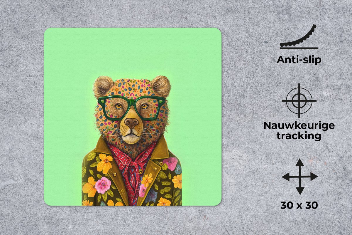 Muismat 30x30 cm - Mousepad Beer - Kleuren - Bril - Dier - Bloemen - Muismatten