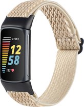 By Qubix - Geschikt voor Fitbit Charge 5 - Fitbit Charge 6 Elastische solo loop nylon bandje - Beige - Smartwatch Band - Horlogeband - Polsband
