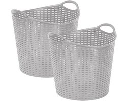 Plasticforte Gevlochten wasmand/opbergmand - 2x - flexibel - zilver - 27 liter - rond - kunststof - 40 x 37 cm