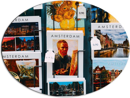 Dibond Ovaal - Amsterdamse Ansichtkaarten in het Rek - 68x51 cm Foto op Ovaal (Met Ophangsysteem)