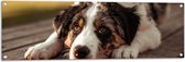 Tuinposter – Liggende Zwart met Witte Hond op Houten Picknicktafel - 120x40 cm Foto op Tuinposter (wanddecoratie voor buiten en binnen)