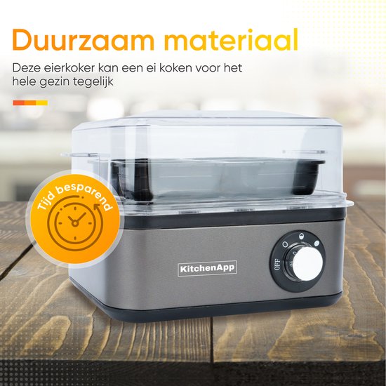 Grijze eierkoker met transparante deksel, met de tekst 'Duurzaam materiaal'.