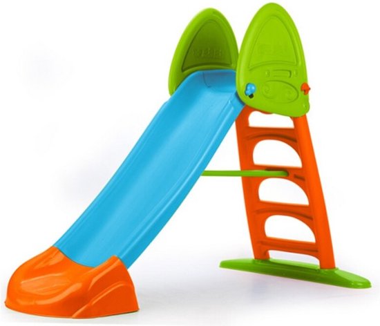 Blauwe waterglijbaan met oranje en groene accenten, zonder kinderen.