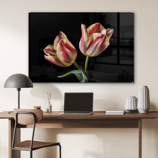 MuchoWow® Peinture sur verre - Tulipes - Fleurs - Rose - Wit - Nature - 120x80 cm - Peintures sur verre acrylique - Photo sur Glas