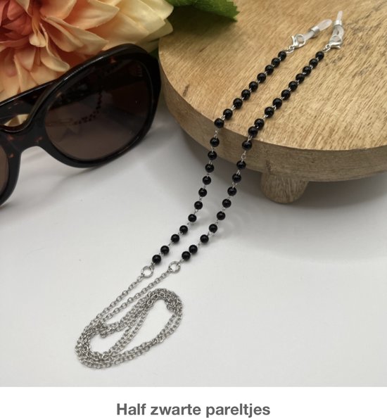 Zonnebril kettinkje / Brillenkoord - Zwarte kraaltjes - zilverkleurig kettinkje | Unisex | Cadeau | Mode accessoires | Sierraad