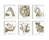 Postercity - Set 6 Jungle/Safari Getekende Neushoorn Leeuw Giraf Flamingo Olifant Zebra met Tekst - Dierenposter - Babykamer / Kinderposter - Muurdecoratie - 30x21cm / A4