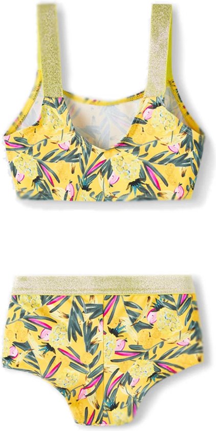 Gele bikini met tropische print van ananassen, bladeren en vogels. Gekleurde schouderbandjes met glitters.