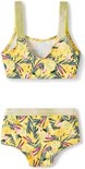 Gele bikini met tropische print van ananassen, bladeren en vogels. Gekleurde schouderbandjes met glitters.