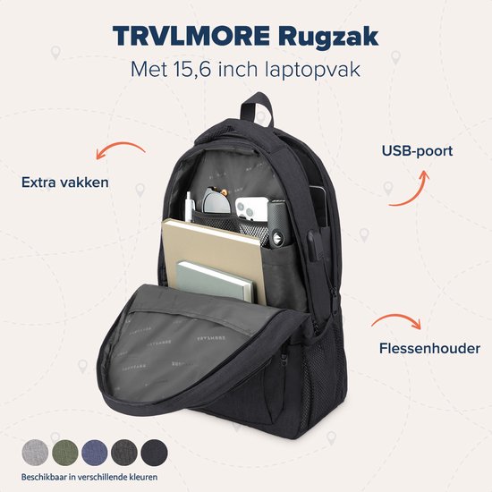 TRVLMORE Rugzak - 28L - 15,6 inch - Laptop Rugtas - Schooltas - Unisex - Spatwaterdicht - Levenslange Garantie - Zwart