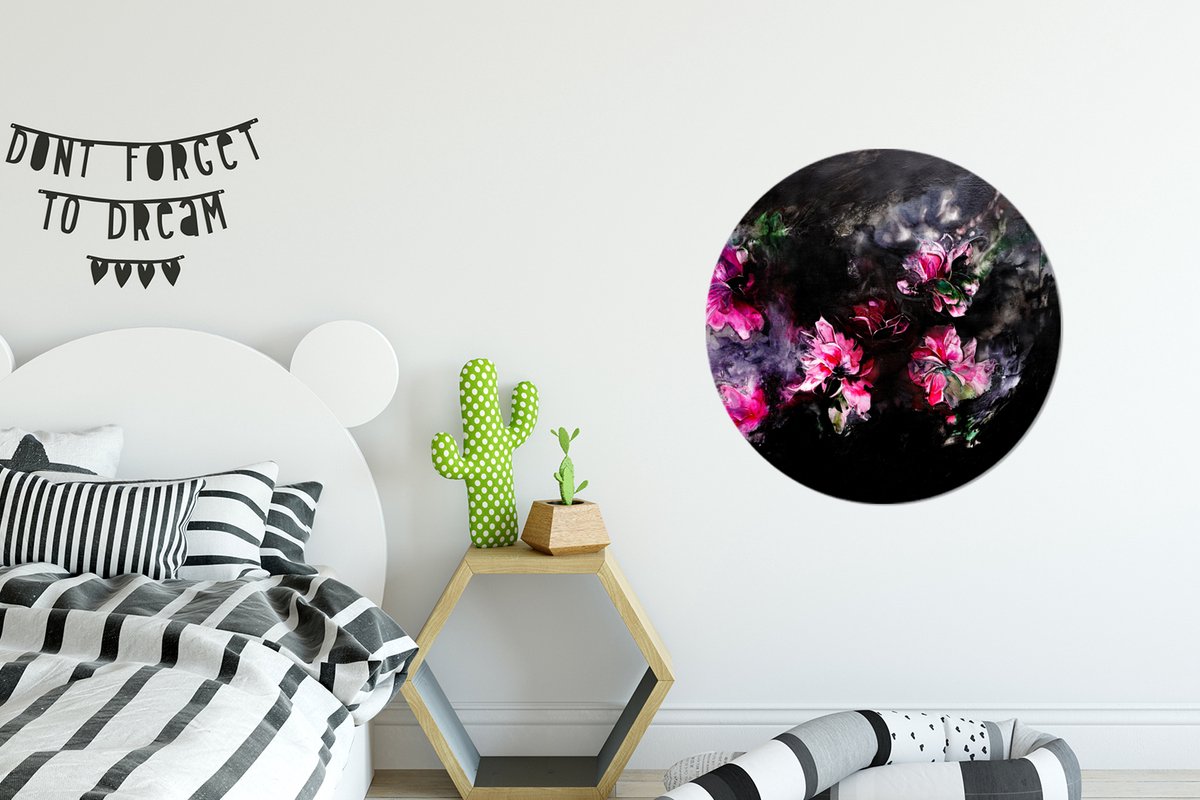 WallCircle® - Behangcirkel 80x80 cm - Muurstickers Bloemen - Kunst - Verf - Roze - Zwart -