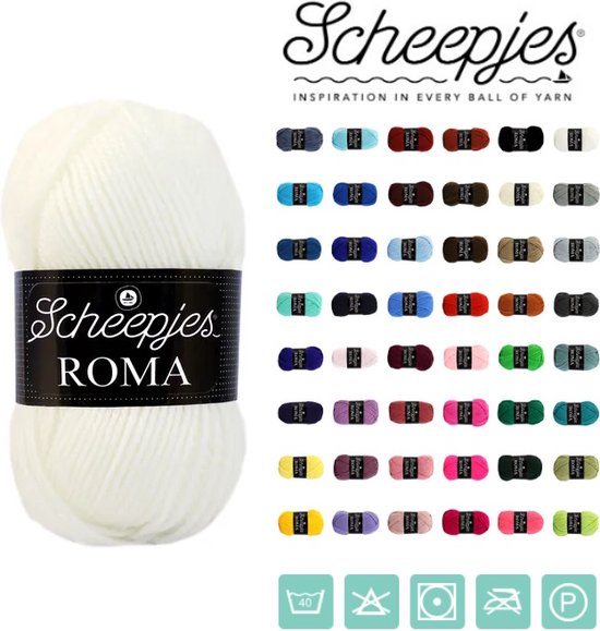 Pelote de fil Scheepjes Roma blanc à côté d'une grille de pelotes de fil colorées.