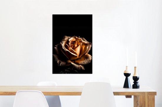 Wanddecoratie Metaal - Aluminium Schilderij Industrieel - Roos - Goud - Bloemen - Botanisch Zwart - 40x60 cm - Dibond - Foto op aluminium - Industriële muurdecoratie - Voor de woonkamer/slaapkamer