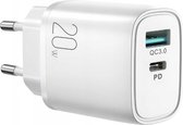 JOYROOM Adapter met USB C en USB A - Oplader - Snellader - 20W - Wit