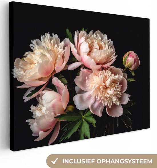 Canvas Schilderij Pioenrozen - Bloemen - Natuur - Roze - Wit - 120x90 cm - Wanddecoratie