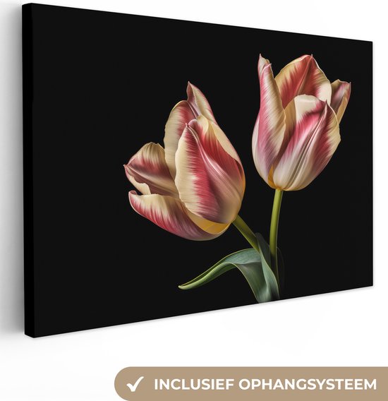 Canvas Schilderij Tulpen - Bloemen - Roze - Wit - Natuur - 60x40 cm - Wanddecoratie