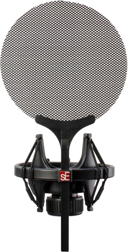 Zwarte microfoonhouder met popfilter.