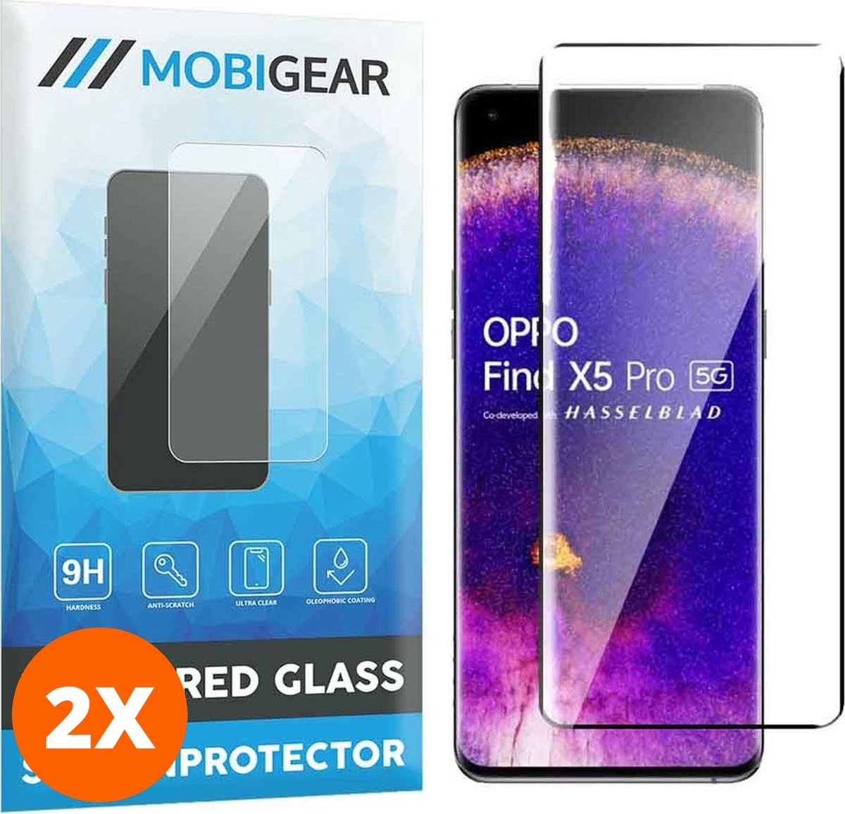 Mobigear Screenprotector geschikt voor OPPO Find X5 Lite Glazen | Mobigear Premium Screenprotector - Case Friendly - Zwart (2-Pack)