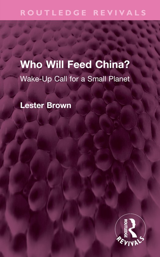 Boekomslag voor 'Who Will Feed China? Wake-Up Call for a Small Planet' door Lester Brown. Achtergrond met paarse textuur.