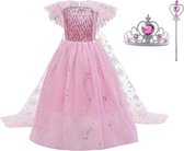 Elsa jurk - roze prinsessenjurk meisje - carnavalskleding kinderen - prinsessen verkleedkleding - 140/146(150) - kroontje - tiara - toverstaf - cadeau meisje