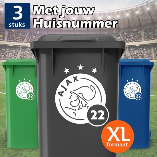 Ajax Amsterdam Container Stickers XL - Voordeelset 3 stuks - Huisnummer - Voetbal Sticker voor Afvalcontainer / Kliko - Klikosticker