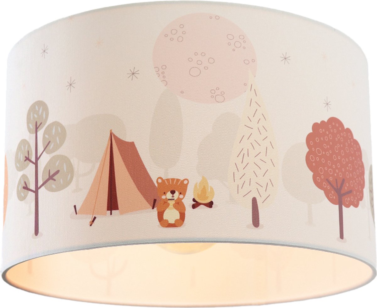 Olucia - BOSLEVEN - Kinder Slaapkamer Plafondlamp - Wit / Bruin - Geschikt voor Tienerkamer/Kinderkamer/Babykamer - Vorm: Cilinder