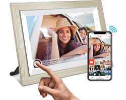 MemoMemory Digitale Fotolijst met WiFi & Touchscreen - Digitale Fotolijsten - Digitale Fotokader - Frameo App - 10.5inch HD+ -IPS Display - Houten Frame inclusief: Ophangsysteem & Microvezel Doekje - Eiken Wit