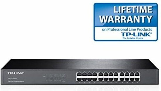 Zwarte TP-Link TL-SG1024 24-poorts Gigabit Switch met 24 ethernetpoorten en statuslampjes, naast een Lifetime Warranty sticker.