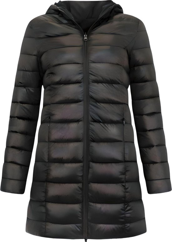 Puffer Jas Dames - Lange Winterjas Dames met Capuchon - Slim Fit - 2161 - Zwarte jas